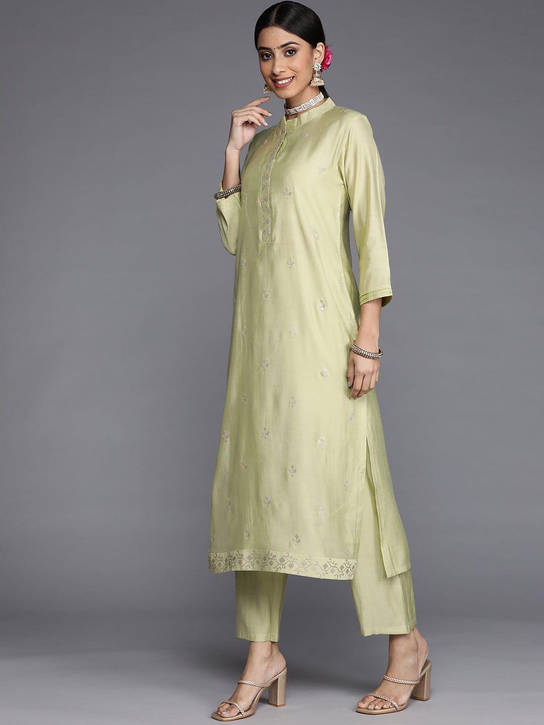 Varanga Women Green Embroidered Empire Kurta with Trousers & With Dupatta - Indiakreations