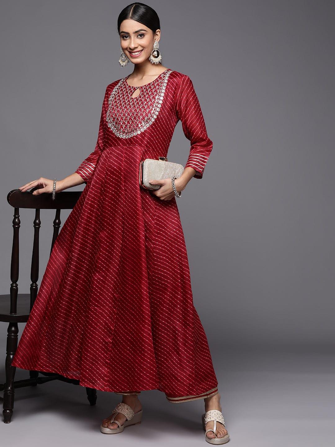 Varanga Women Red & Gold-Toned Ethnic Motifs Embroidered Indie Prints Anarkali Kurta - Indiakreations