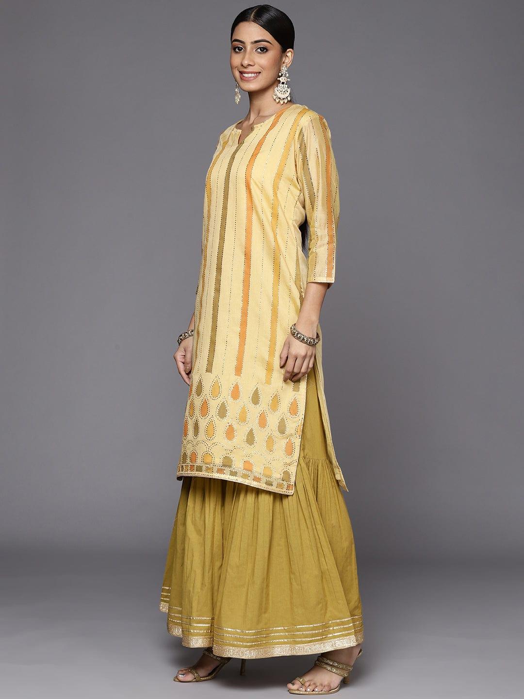 Varanga Women Yellow Striped Mukaish Kurta with Sharara & With Dupatta - Indiakreations