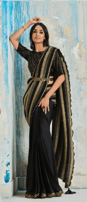 Adorable Trendy Designer Sequins Work Black Satin Silk Saree - Indiakreations