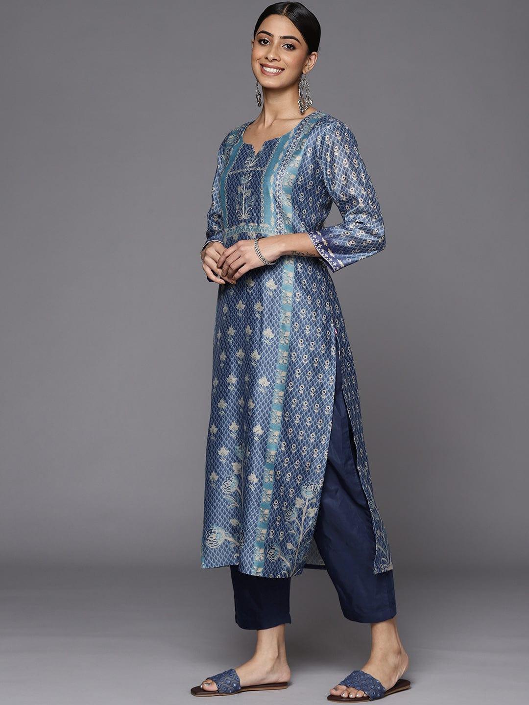 Varanga Women Blue Floral Printed Sequinned Kurta with Trousers & With Dupatta - Indiakreations