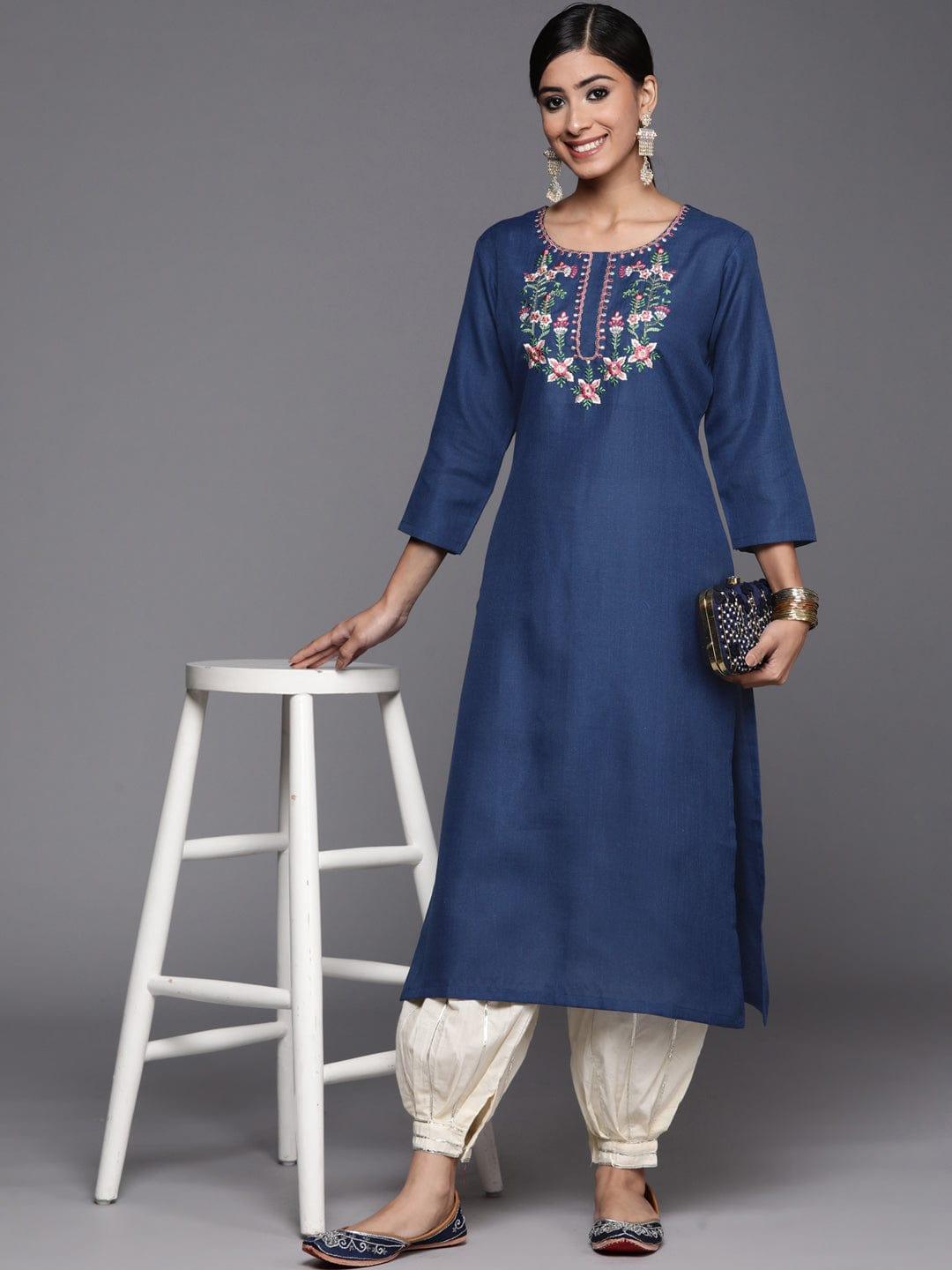 Varanga Women Navy Blue Floral Yoke Design Thread Work Floral Cotton Kurta - Indiakreations