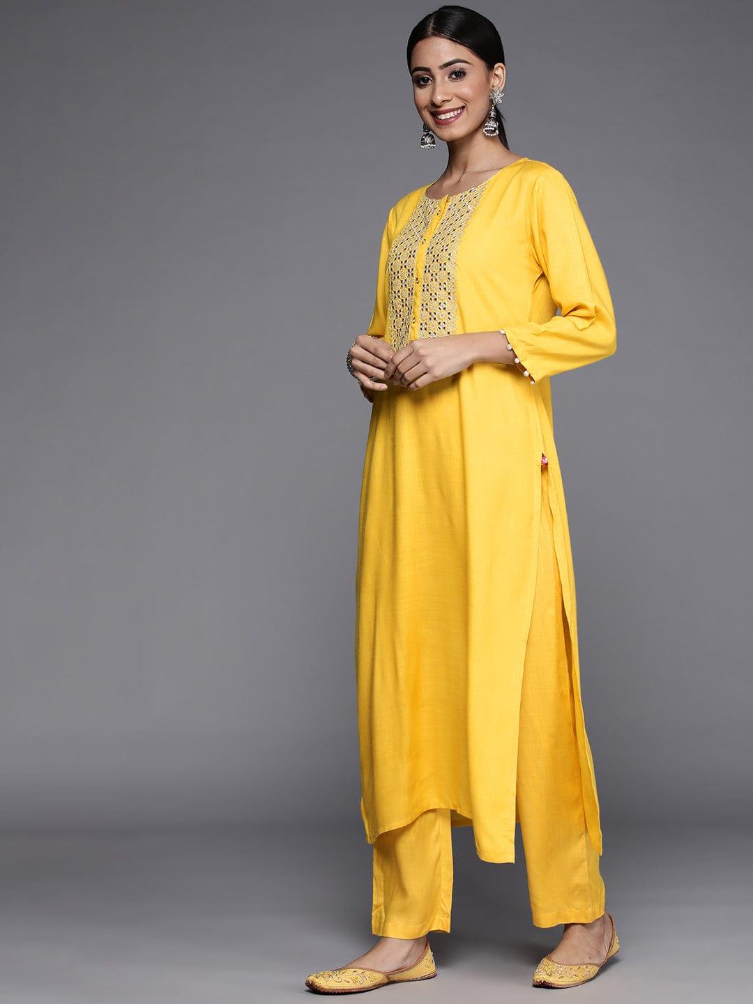 Varanga Women Yellow Yoke Design Mirror Work Kurta with Trousers & Dupatta - Indiakreations