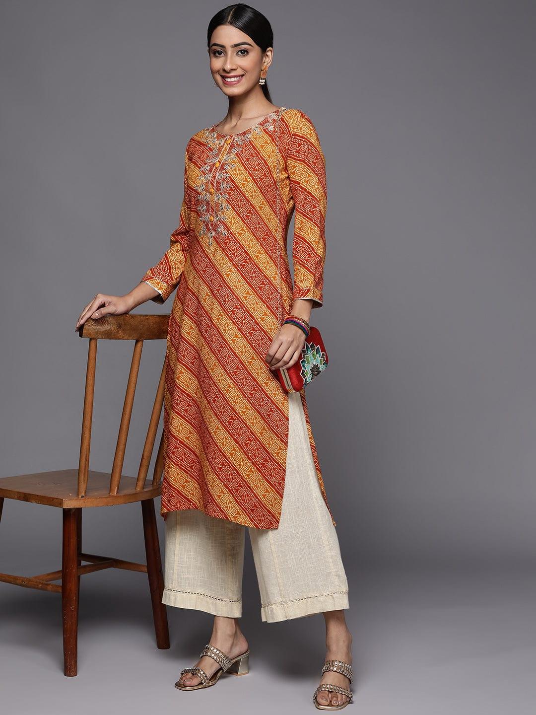 Varanga Women Mustard Yellow & Rust Bandhani Embroidered Gotta Patti Indie Prints Kurta - Indiakreations