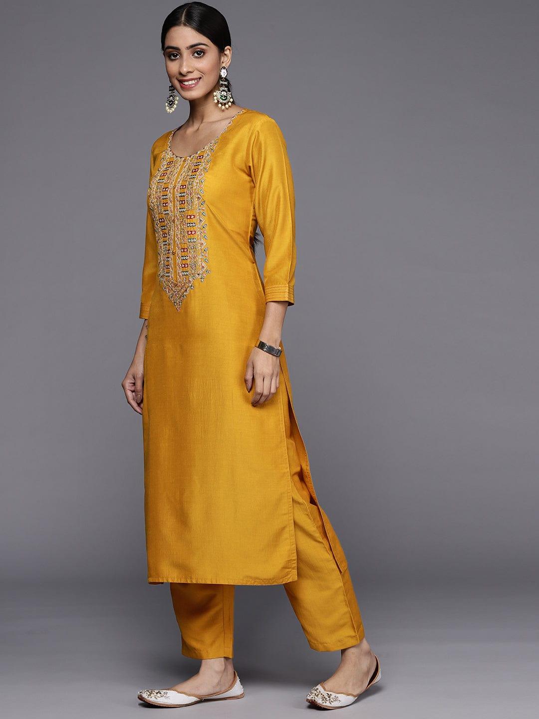 Varanga Women Mustard Yellow Ethnic Motifs Embroidered Kurta with Trousers & Dupatta - Indiakreations