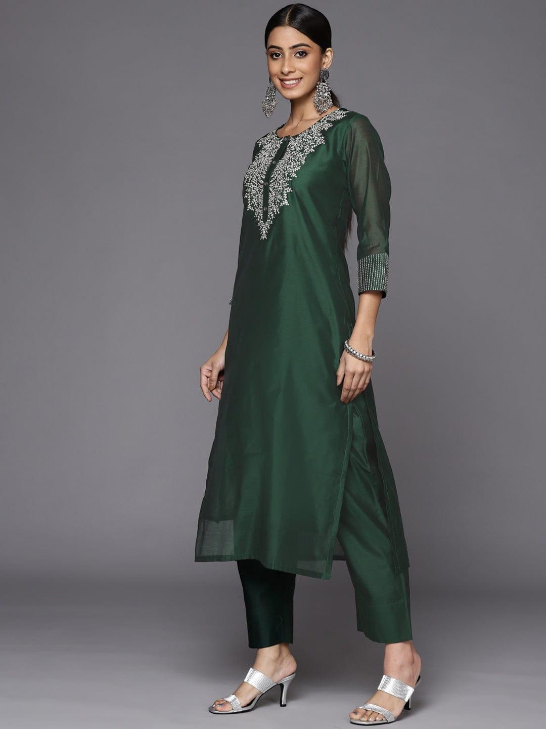 Varanga Women Green Floral Yoke Design Chanderi Silk Kurta with Trousers & With Dupatta - Indiakreations