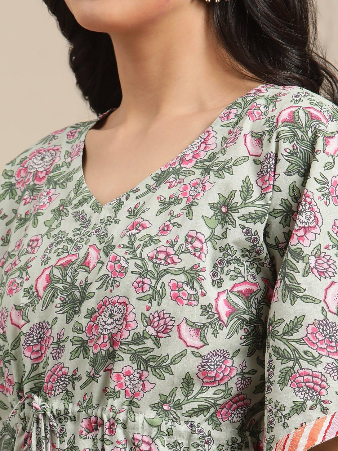 Sea Green Floral Printed Kaftan Trouser Set - Indiakreations