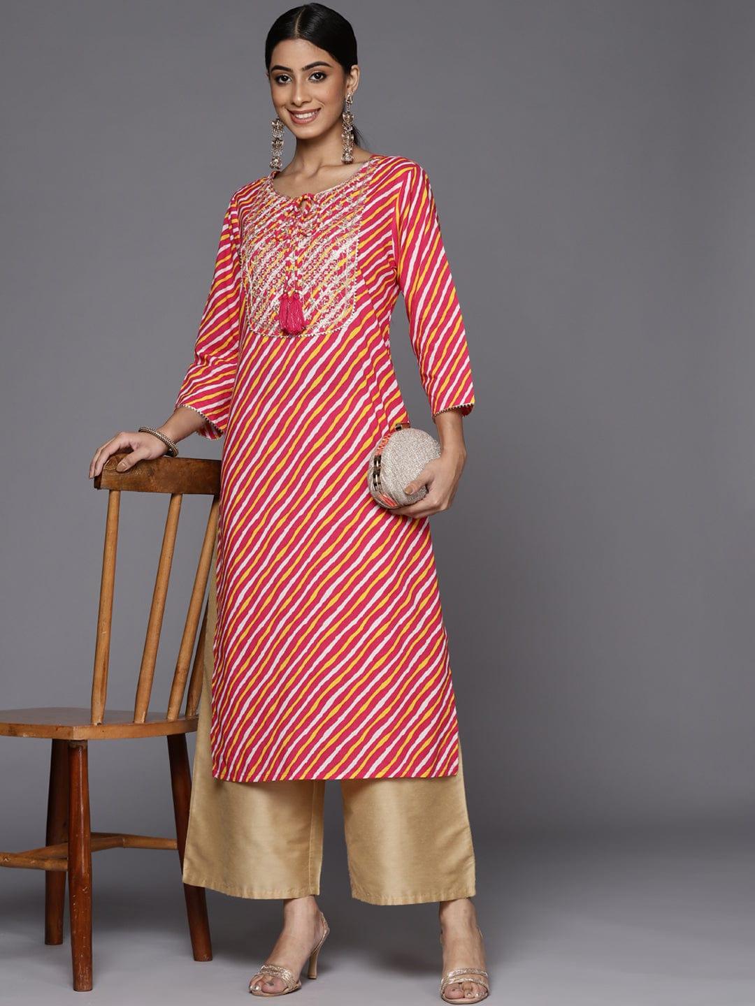 Varanga Women Pink & Yellow Leheriya Printed Gotta Patti Indie Prints Kurta - Indiakreations