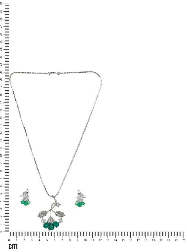 Women's Green American Diamond Silver Plated Statement Pendant & Earring Set - Jazz And Sizzle - Indiakreations