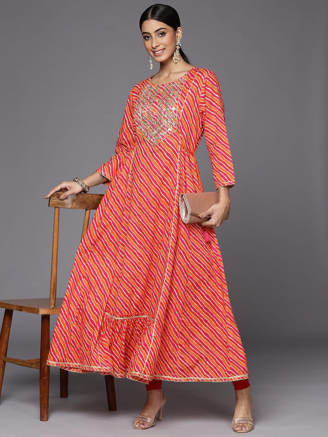 Varanga Women Orange & Pink Leheriya Printed Gotta Patti Cotton Anarkali Kurta - Indiakreations