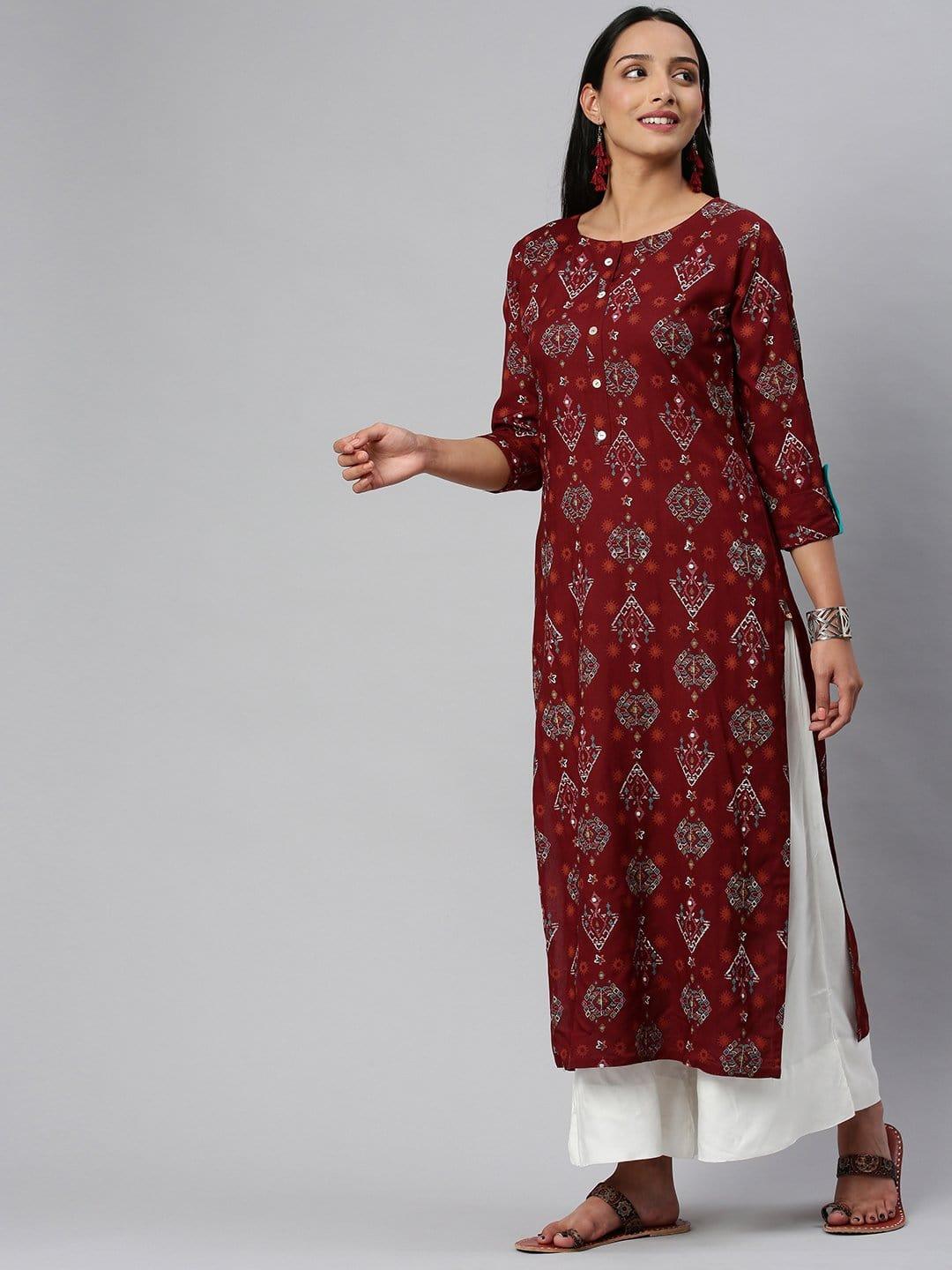 KSUT Maroon Abstract Printed Straight Kurta With 3/4Th Sleeves - Indiakreations