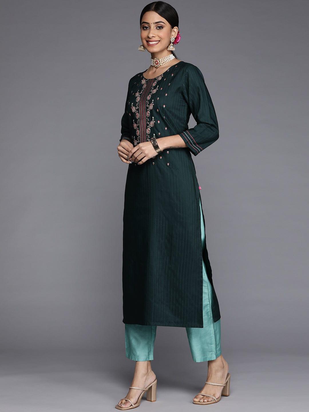 Varanga Women Green Yoke Design Thread Work Dupion Silk Kurta with Trousers & Dupatta - Indiakreations