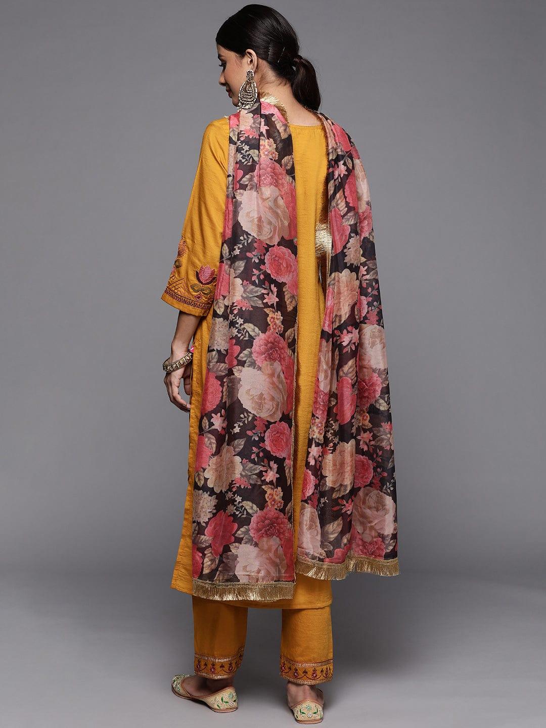 Varanga Women Mustard Yellow Ethnic Motifs Embroidered Sequinned Kurta with Trousers & With Dupatta - Indiakreations