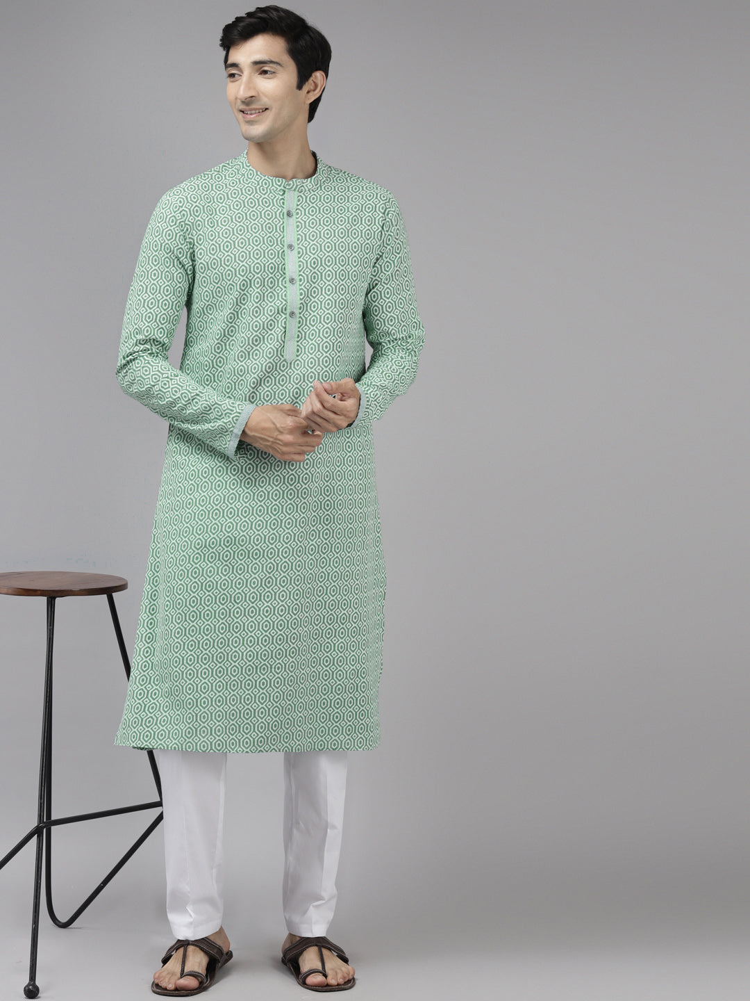 Men's Green & White Printed Pure Cotton Straight Kurta - See Designs