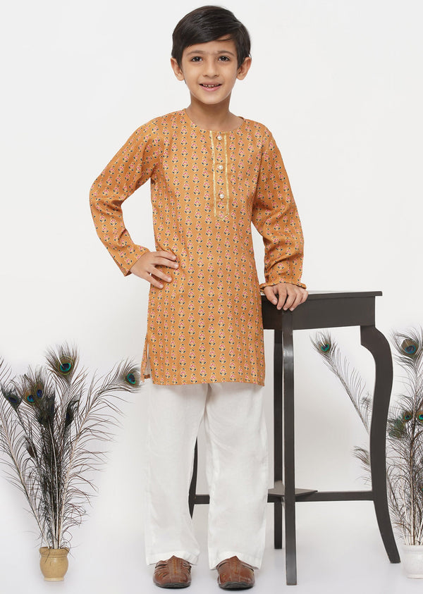 Boy's Cotton Silk Floral Kurta With Pearl Buttons And Pyjama - Orange And Cream - Little Bansi Boys