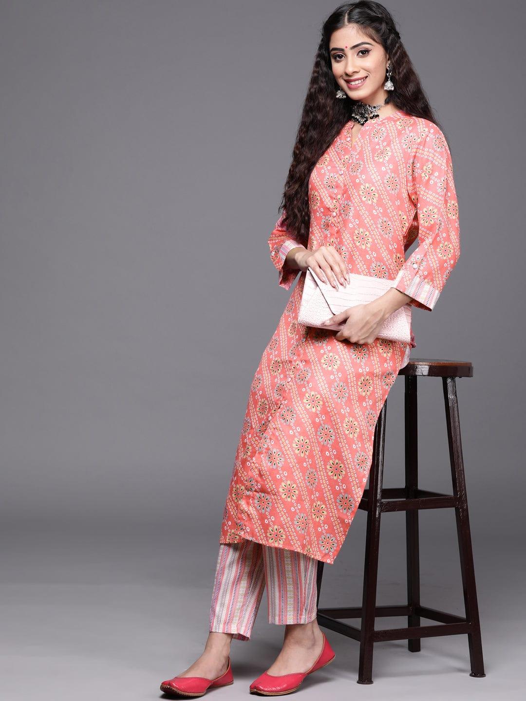 Varanga winter women kurta with button down paired with vertical strip printed pant - Indiakreations