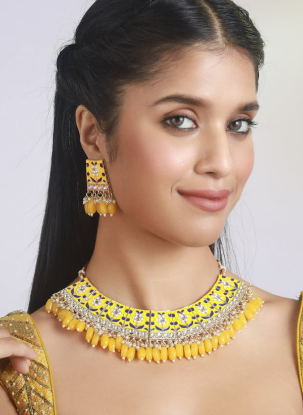 Women's Gold-Plated Yellow Meenakari & Pearl Beaded Choker Jewellery Set - Jazz And Sizzle