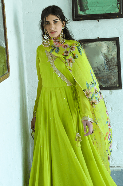 Bhanvara Neon Green Anarkali with printed palazzo and dupatta - Set of 3 - RTS - Indiakreations