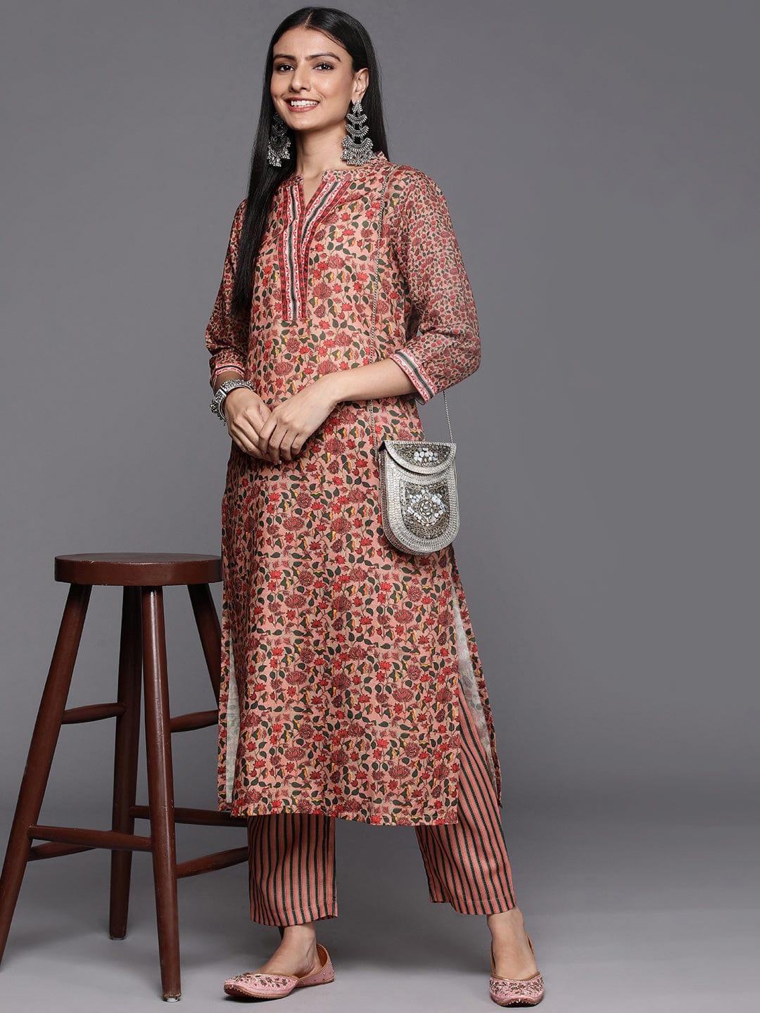 Varanga Women Peach-Coloured Floral Printed Winter Kurta with Palazzos - Indiakreations