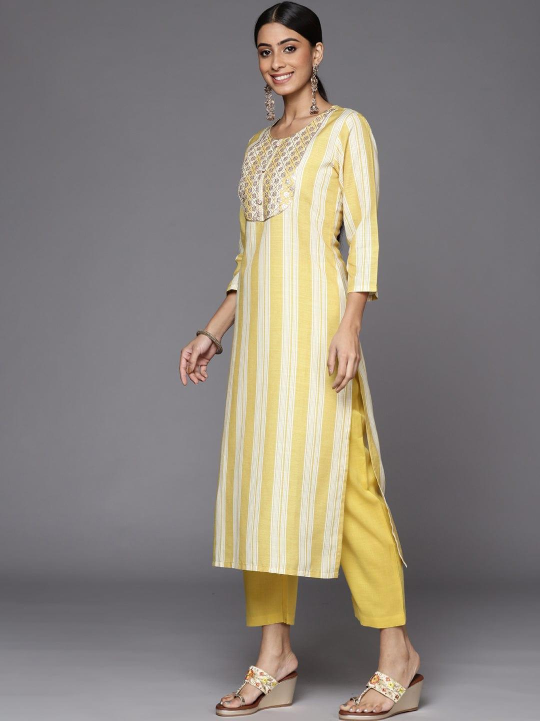 Varanga Women Yellow Striped Sequinned Kurta with Trousers & With Dupatta - Indiakreations