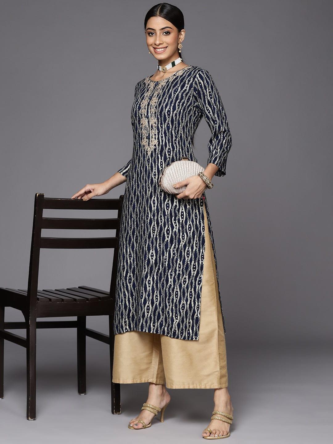 Varanga Women Navy Blue & Cream-Coloured Printed Gotta Patti Indigo Kurta - Indiakreations