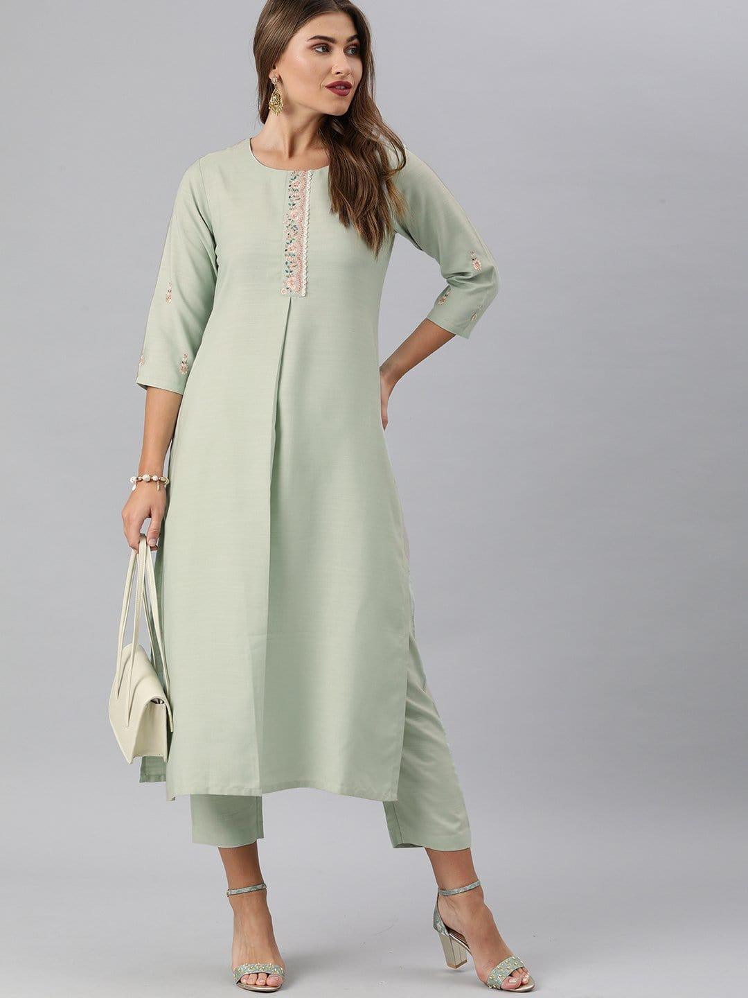 KSUT Sea Green Floral Embroidery Kurta With Palazzo - Indiakreations