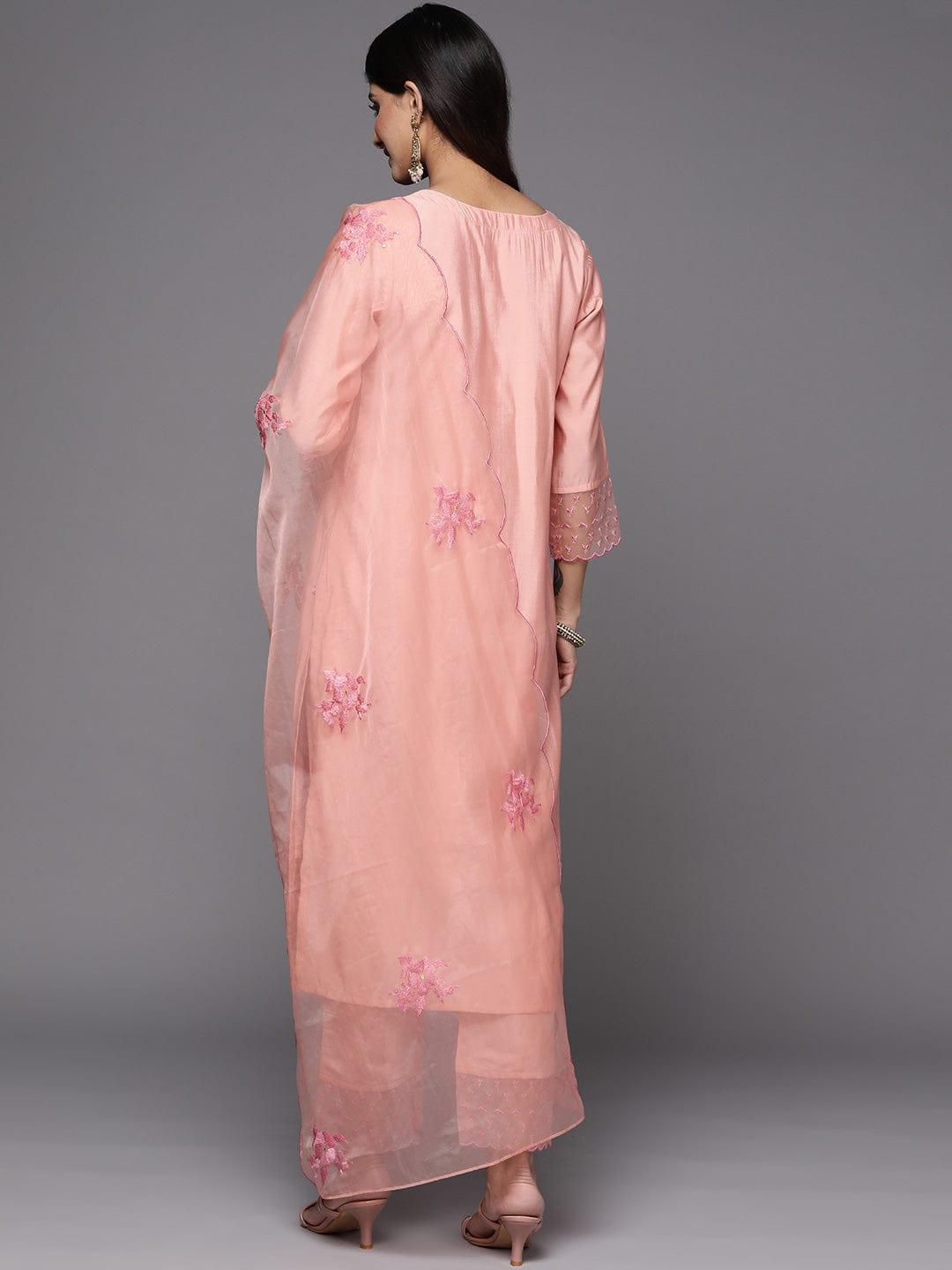 Varanga Women Peach-Coloured Embroidered Thread Work Kurta with Trousers & With Dupatta - Indiakreations