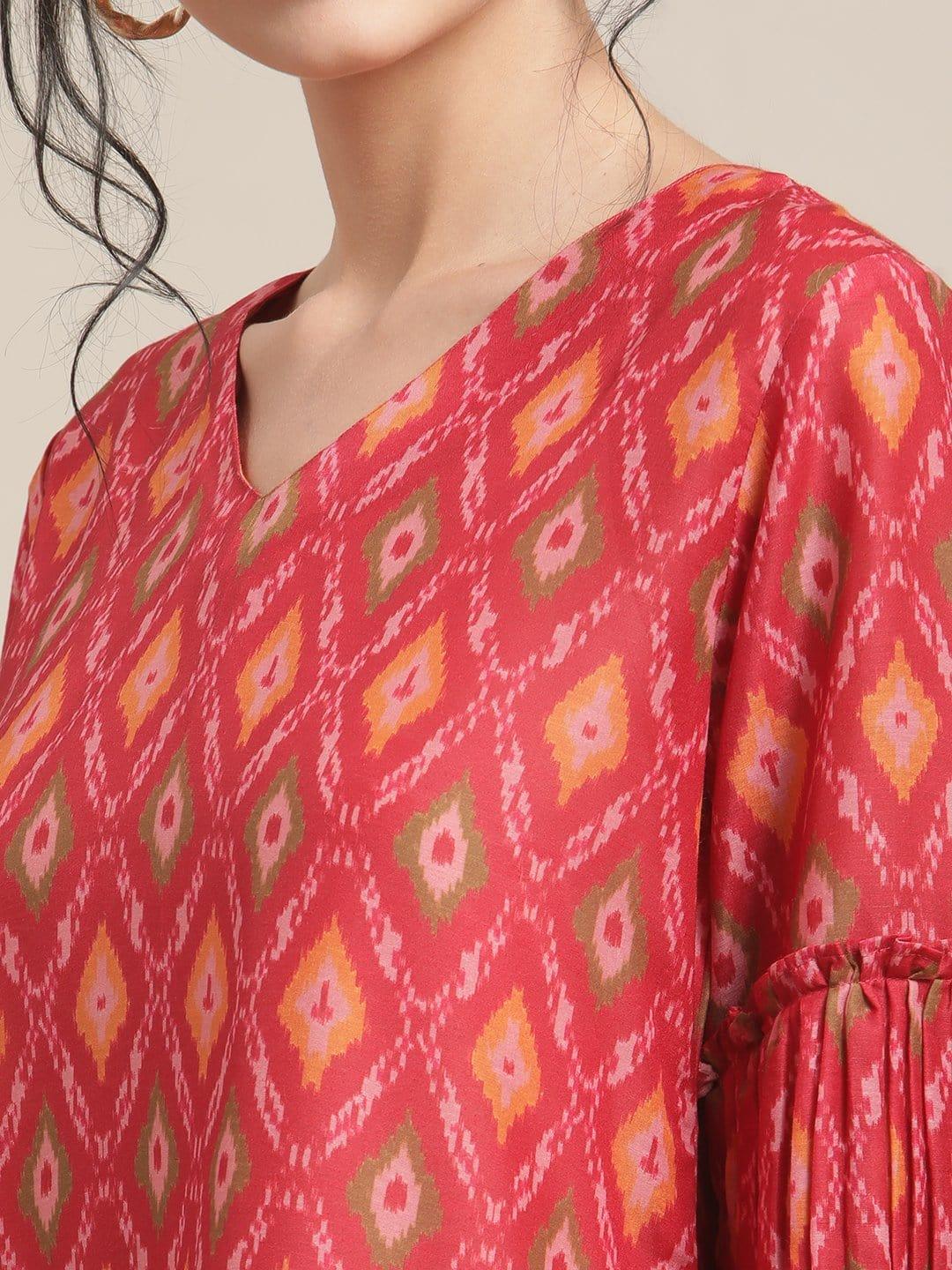 Red Ikat Printed Round Neck Kurta With 3/4Th Pleated Sleeve - Indiakreations