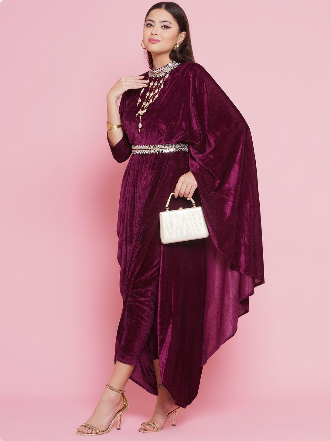 Women's Burgundy Velvet Kurta With Attached Neckalace,Belt And Pant - Women Republic - Indiakreations