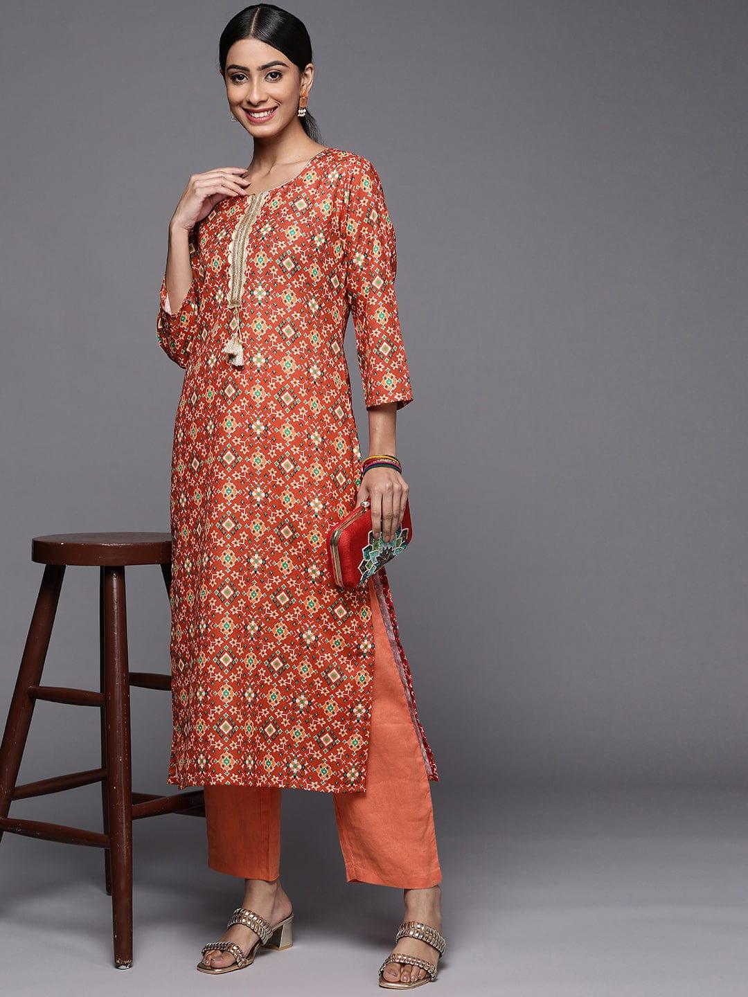 Varanga Winter red printed kurta with lace embalishment - Indiakreations