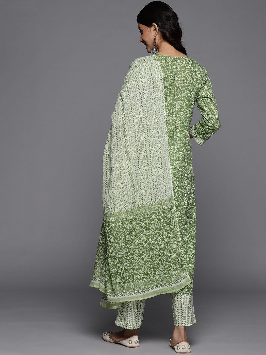 Varanga Women Green Ethnic Motifs Sequinned Pure Cotton Kurta with Trousers & Dupatta - Indiakreations