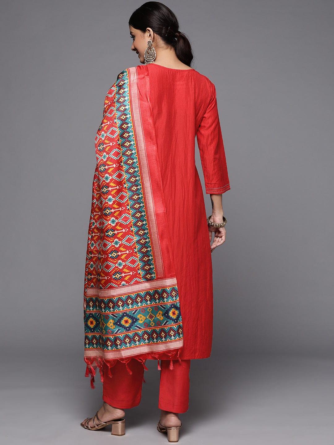 Varanga Women Rust Embroidered Empire Kurta with Trousers & With DupattA - Indiakreations