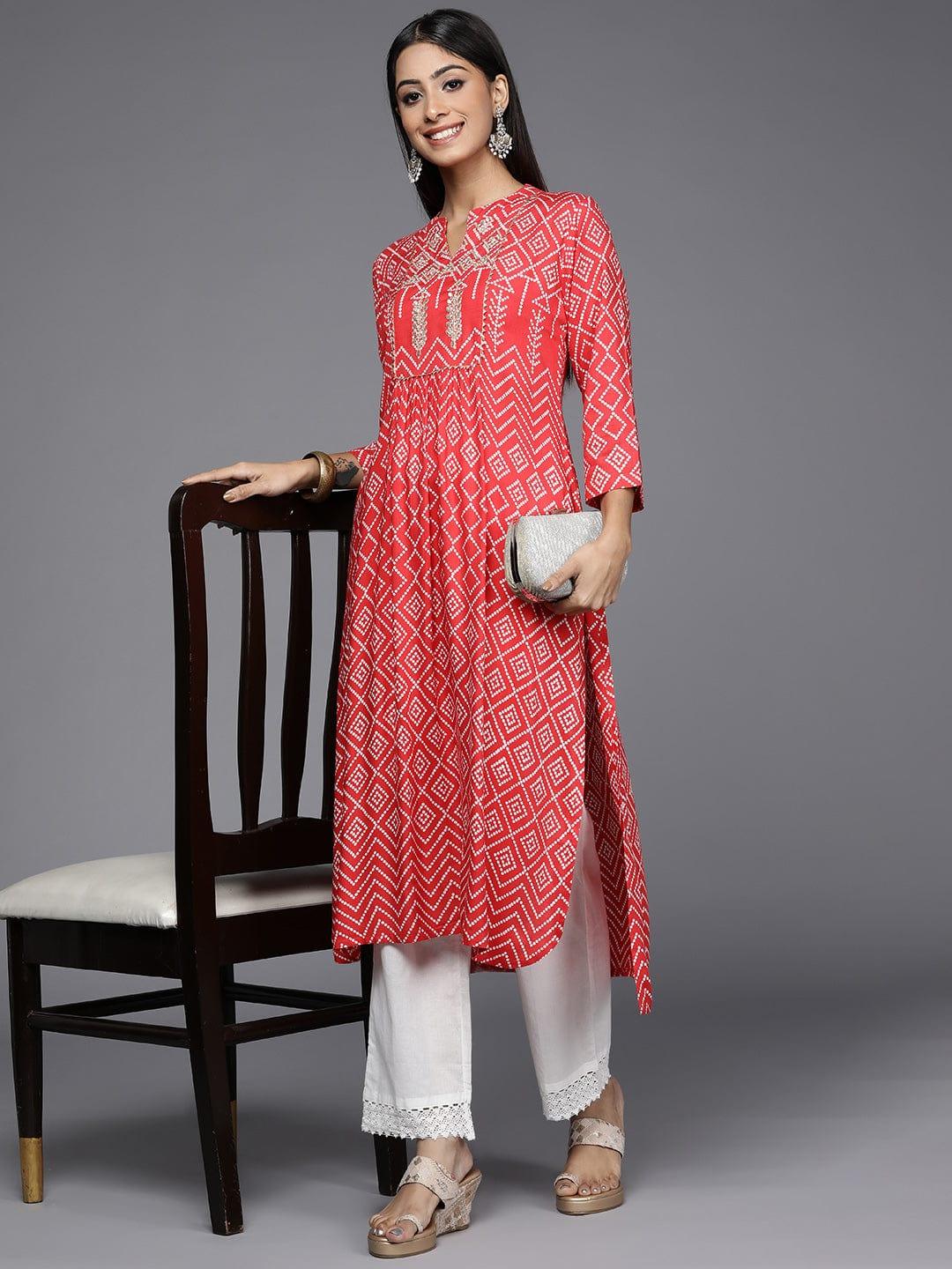 Varanga Women Red & White Bandhani Printed Gotta Patti Indie Prints Kurta - Indiakreations