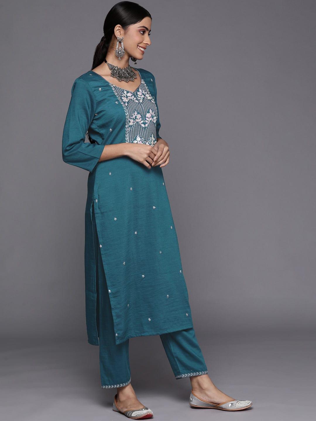 Varanga Women Teal Ethnic Motifs Embroidered Sequinned Kurta with Trousers & With Dupatta - Indiakreations