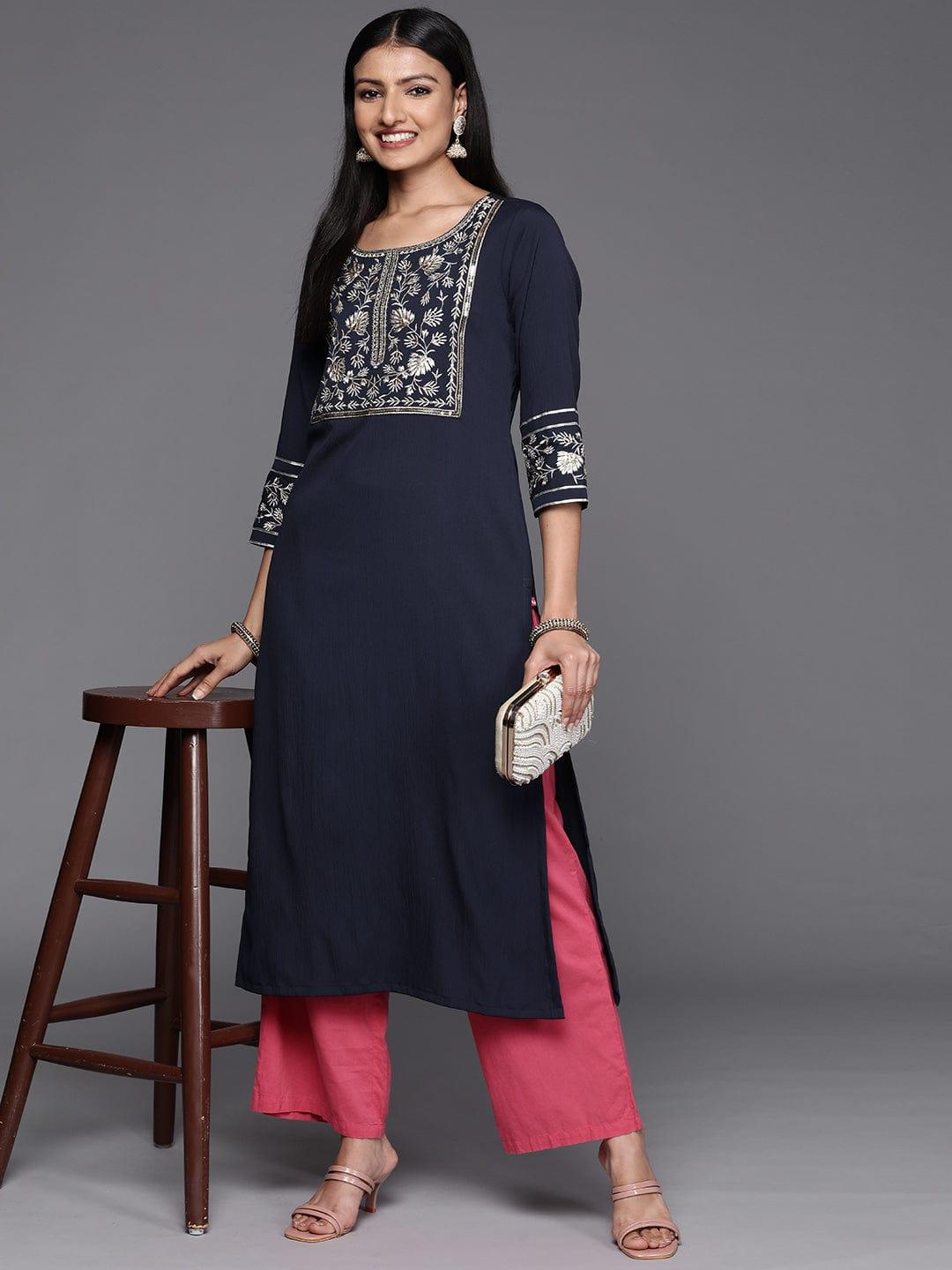 Varanga Women Navy Blue Ethnic Motifs Yoke Design Sequined Kurta - Indiakreations