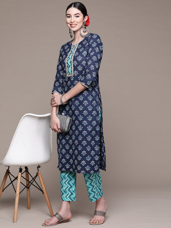 Women's Blue Printed Kurta With Trousers - Anubhutee