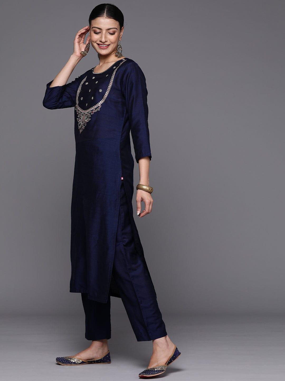 Varanga Women Embroidered Sequinned Silk Kurta with Trousers & Dupatta - Indiakreations