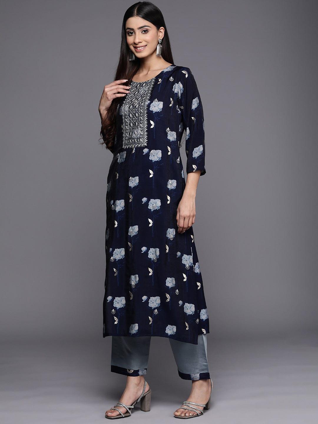 Varanga Floral Yoke Design Sequinned Chanderi Silk Kurta with Trousers & With Dupatta - Indiakreations