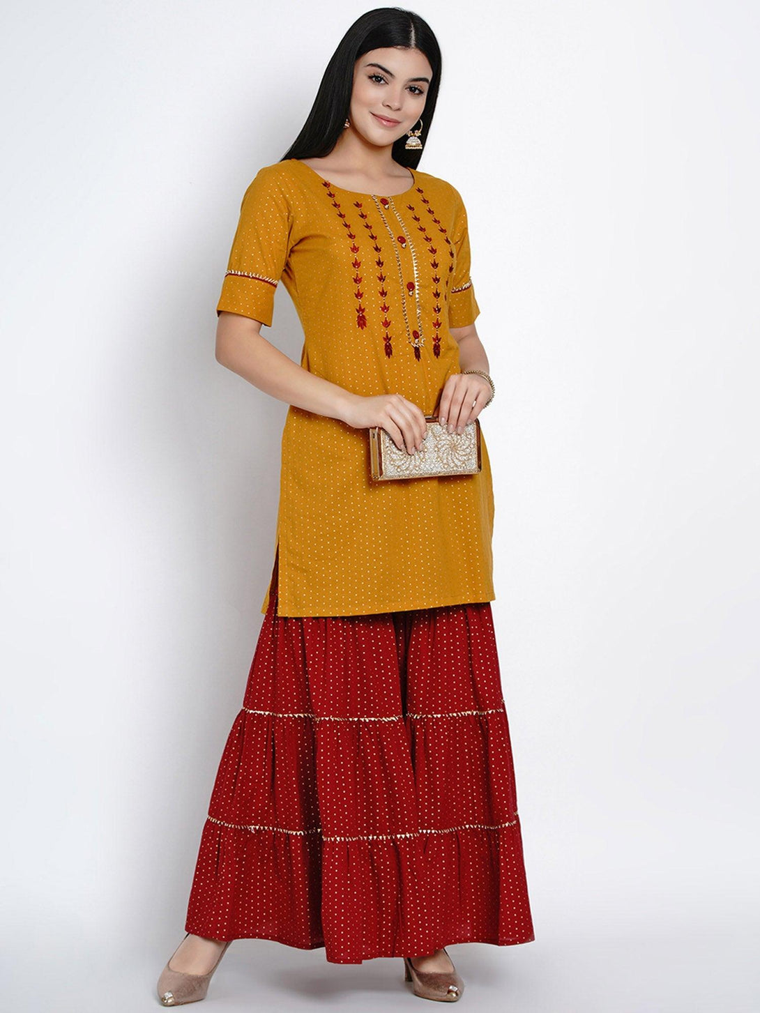 Women's Mustard Embroidered Kurta with Sharara - Women Republic - Indiakreations