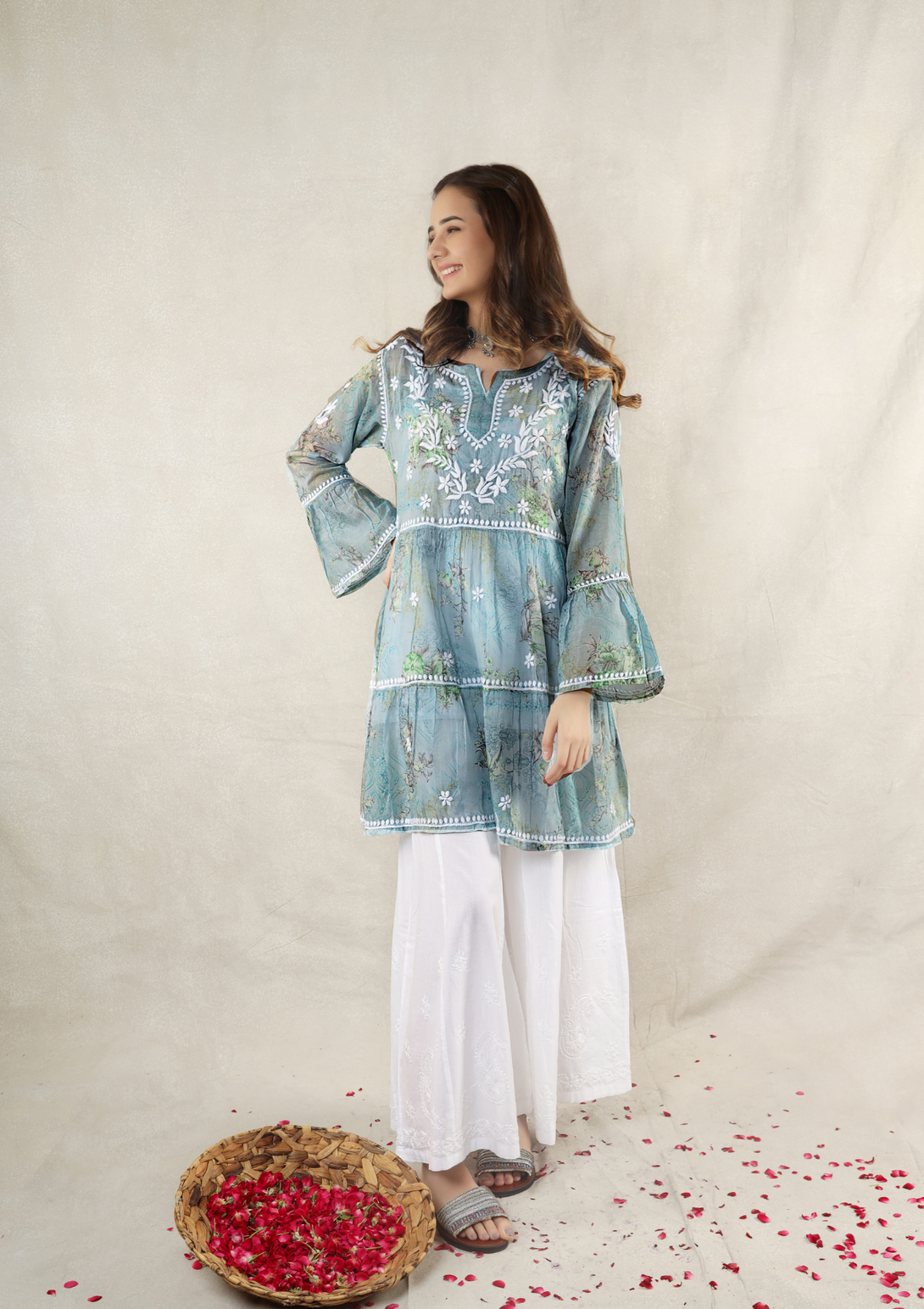 Eliza Mul Printed Kurta with Chikankari embroidery and mulmul cotton  in blue colour