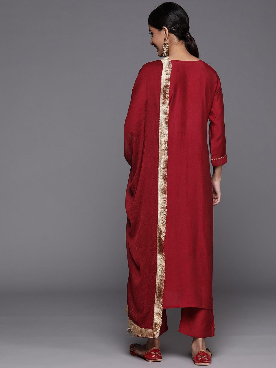 Varanga maroon embroidered kurta paired with tonal bottom and plain chiffon dupatta - Indiakreations