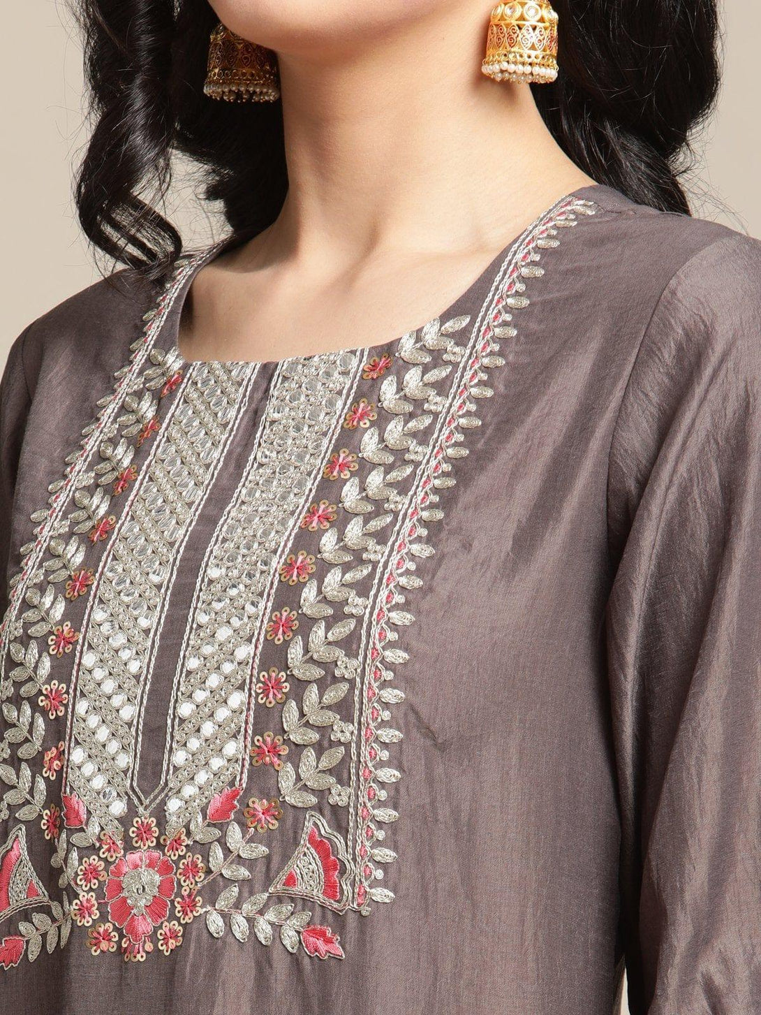 Round Neck Embroidered Yoke Kurta With Gathered Hem Trousers And Bandhani Dupatta - Indiakreations