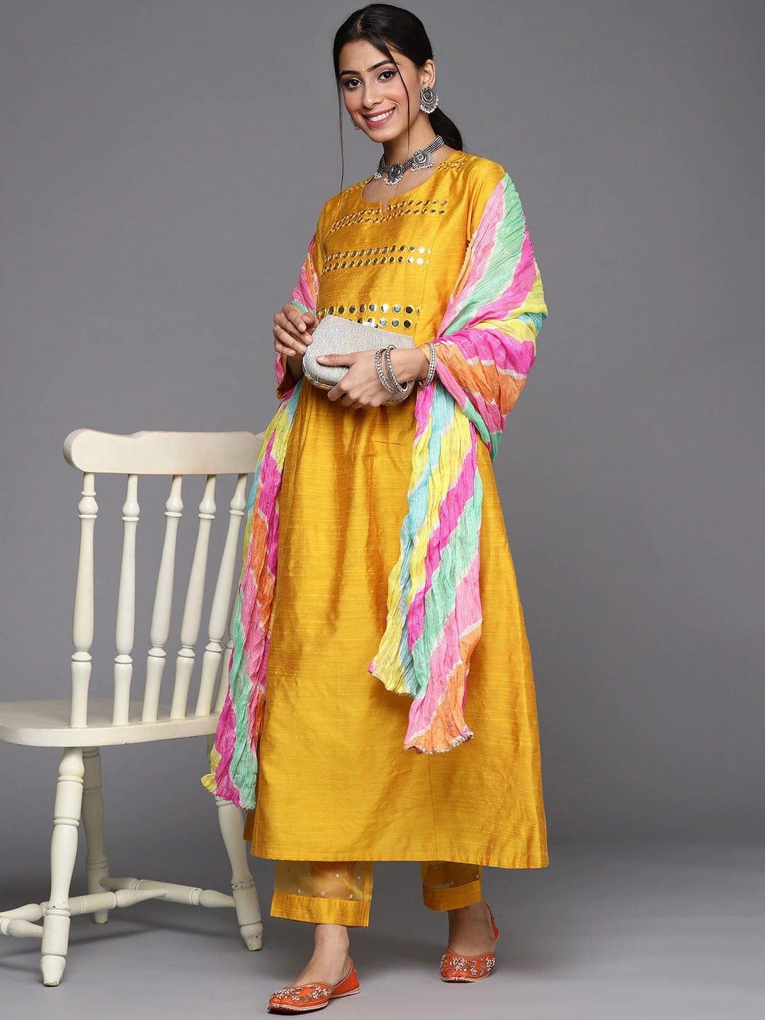 Varanga Women Mustard Yellow & Silver Mirror Yoke A-Line Kurta Trousers & Leheriya Dupatta - Indiakreations