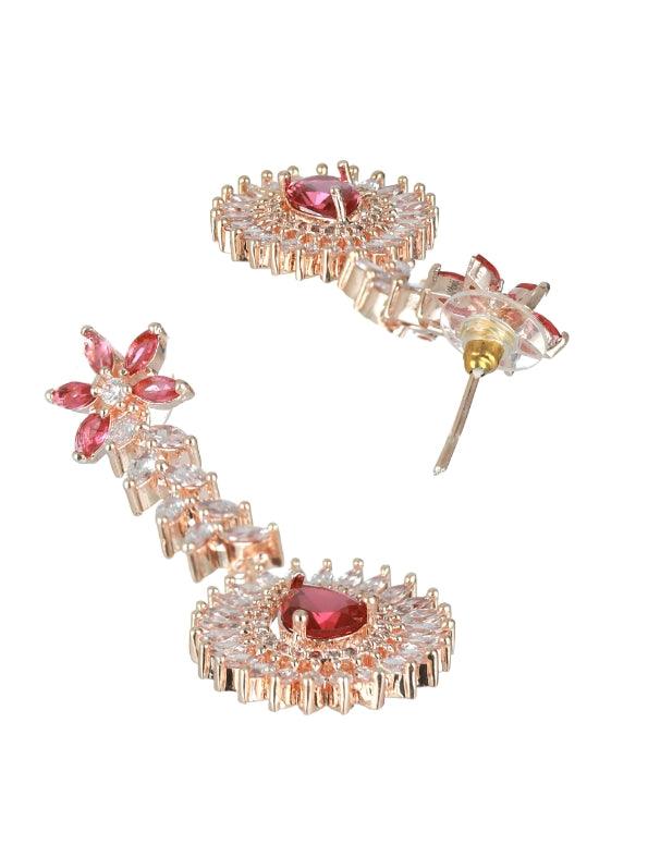 Women's Rose Gold-Plated Red American Diamond & Cz Studded Handcrafted Jewellery Set - Jazz And Sizzle - Indiakreations