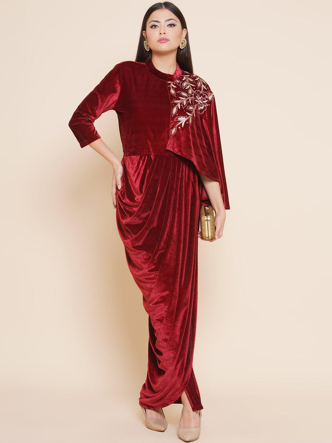 Women's Maroon Velvet Drape Styel Gown - Women Republic - Indiakreations