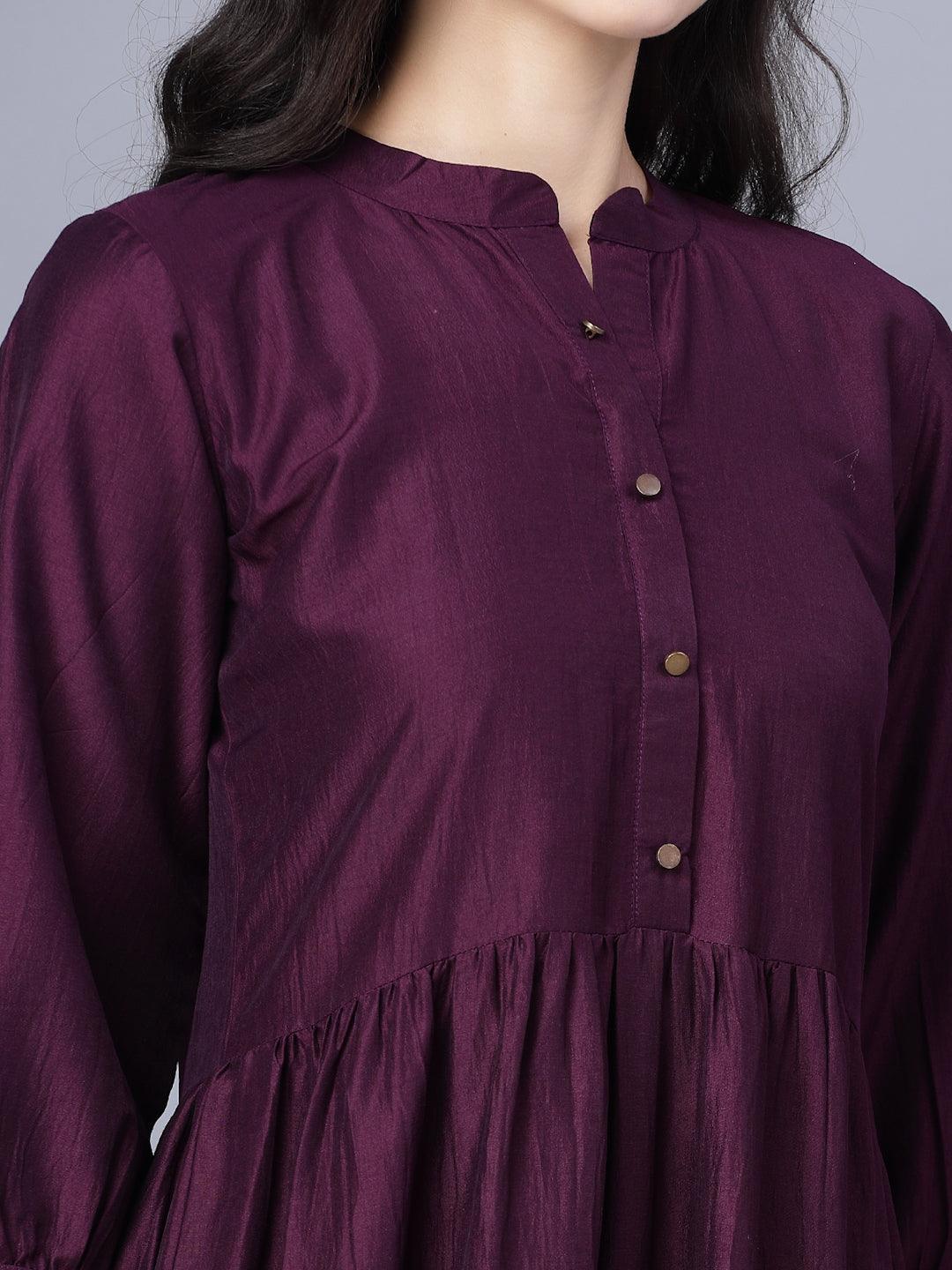 Women's Silk Solid 3/4 Sleeve V Neck Purple Women Dress - Myshka - Indiakreations