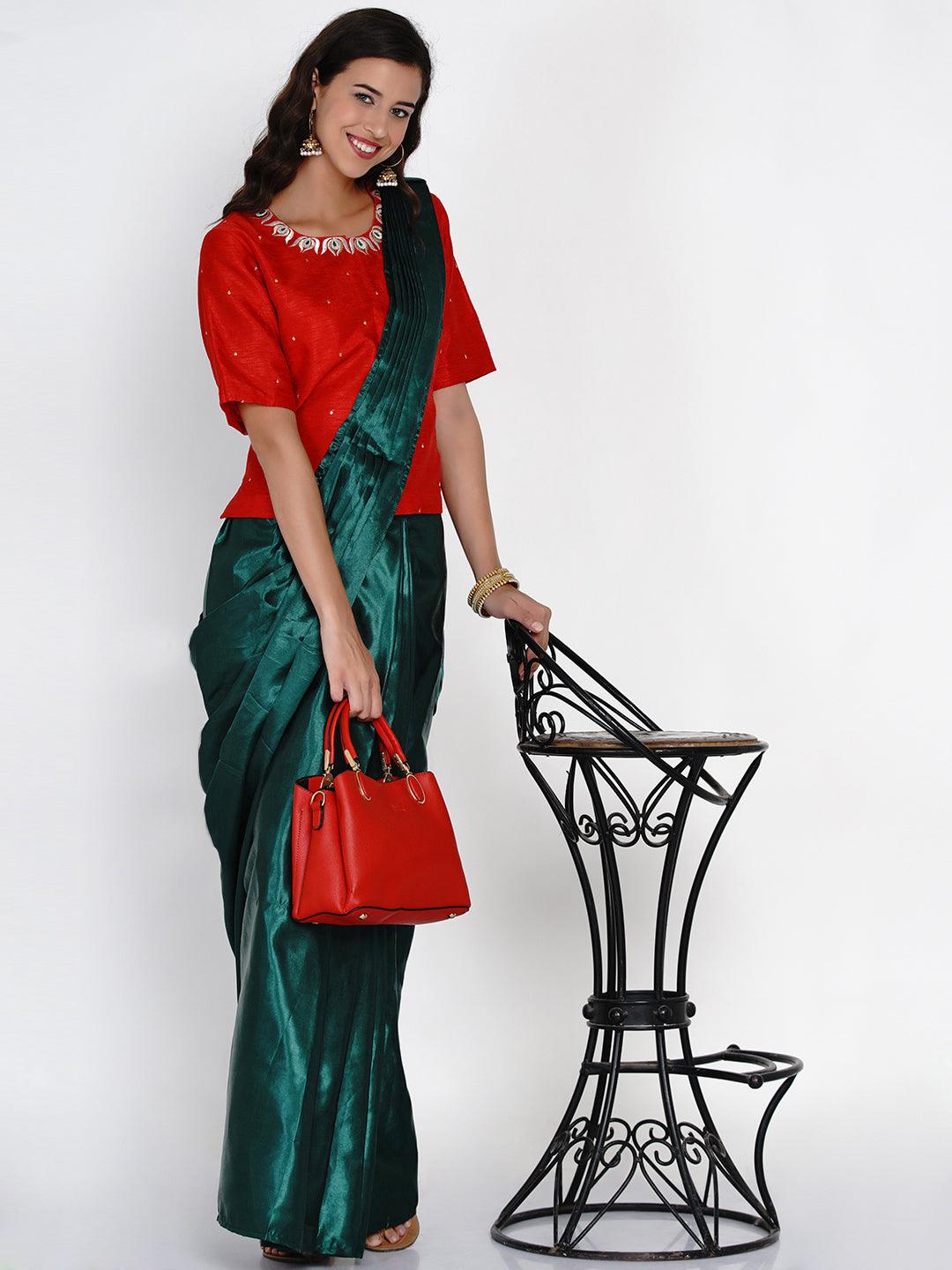 Women's Green Satin Ready to wear Saree - Women Republic - Indiakreations