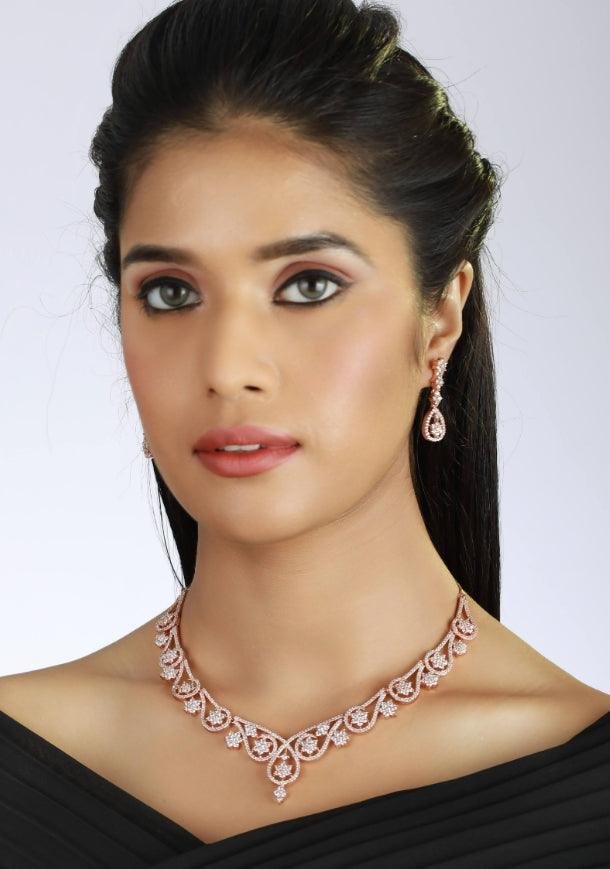 Women's Rose Gold-Plated White American Diamond & Cz Studded Handcrafted Jewellery Set - Jazz And Sizzle - Indiakreations