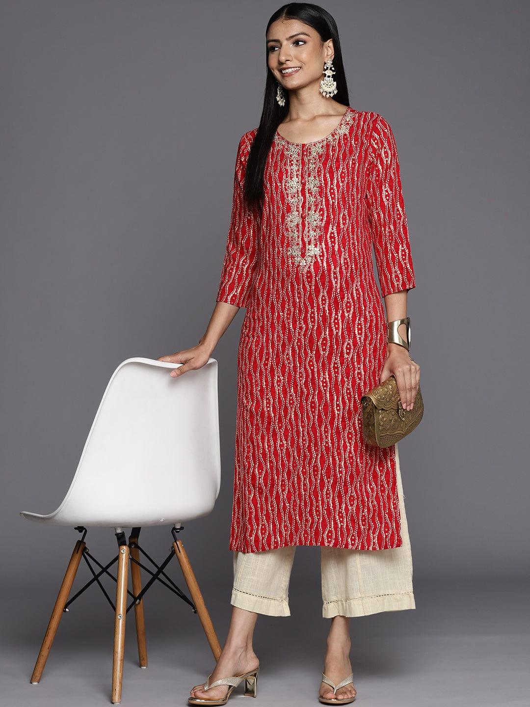 Varanga Women Red & Gold-Toned Bandhani Printed Gotta Patti Kurta - Indiakreations