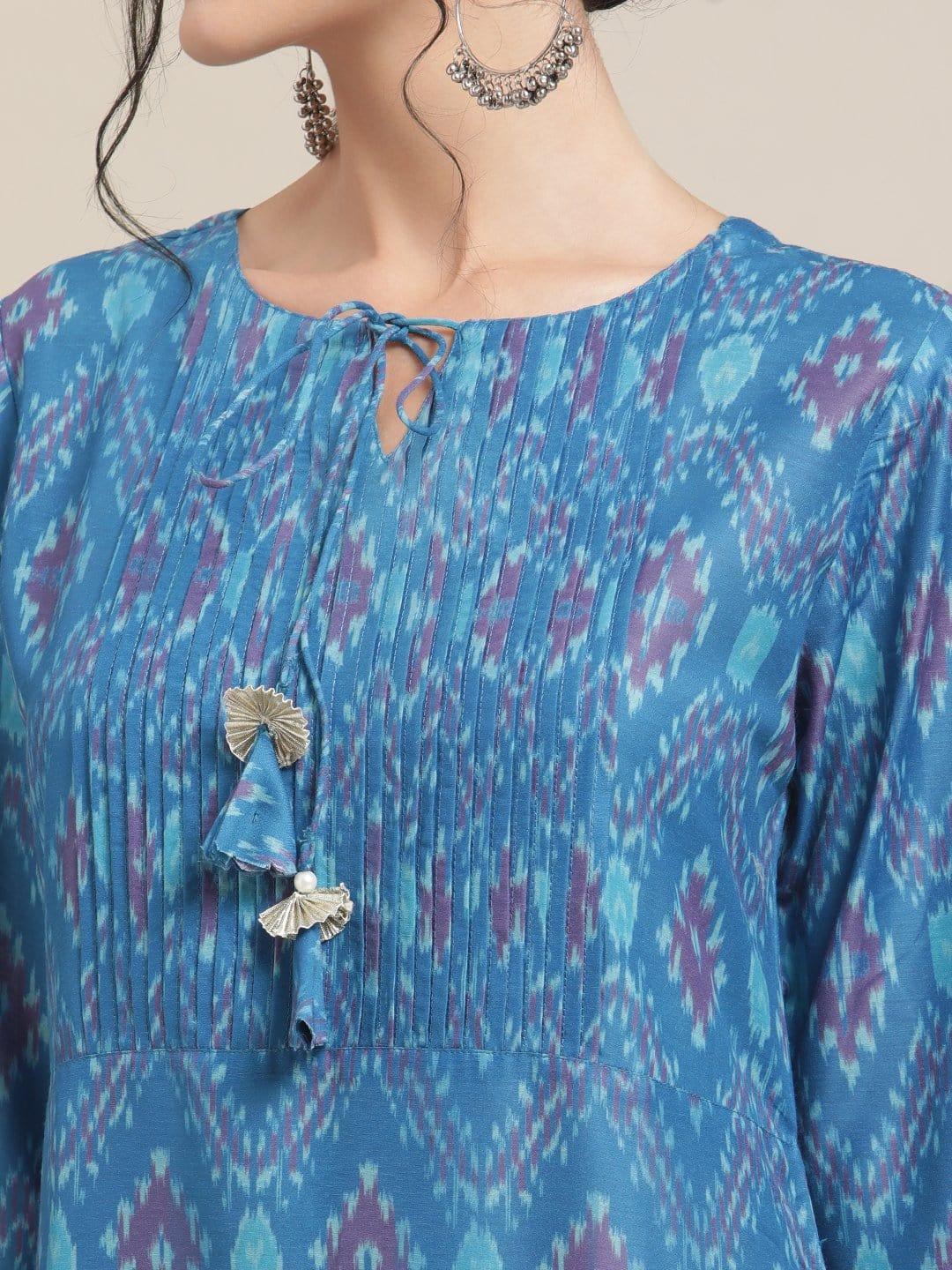 Blue Ikat Printed Round Neck Kurta With Pleated Yoke And 3/4Th Sleeves - Indiakreations